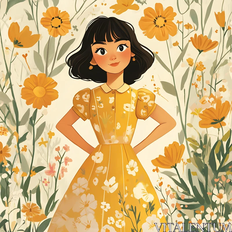 Girl in Yellow Dress with Floral Background AI Image