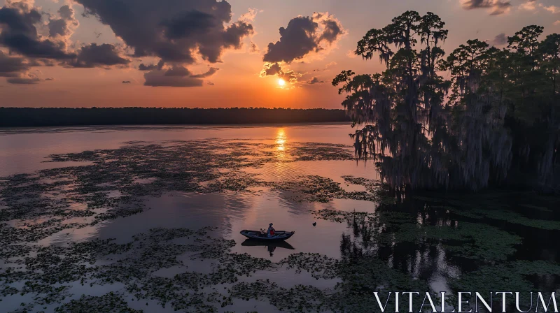 Peaceful Lake Sunset with Lilypads and Boat AI Image