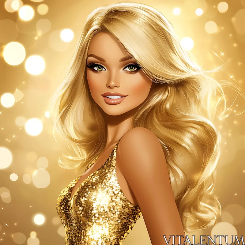 Radiant Blonde in Glittering Gold Dress AI Image