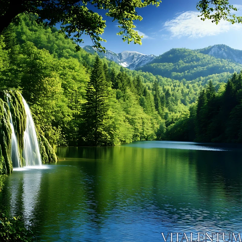 Tranquil Lake with Cascading Waterfall and Forested Mountains AI Image