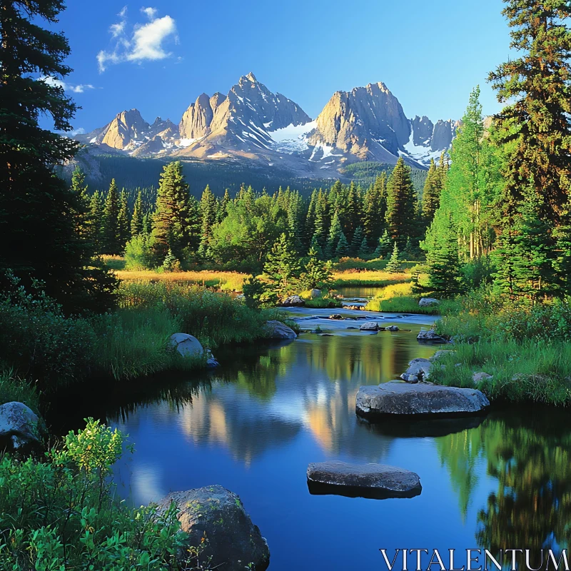 Tranquil Mountain View with Reflective Lake AI Image