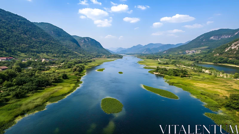 Serene River Flowing Between Verdant Mountains AI Image