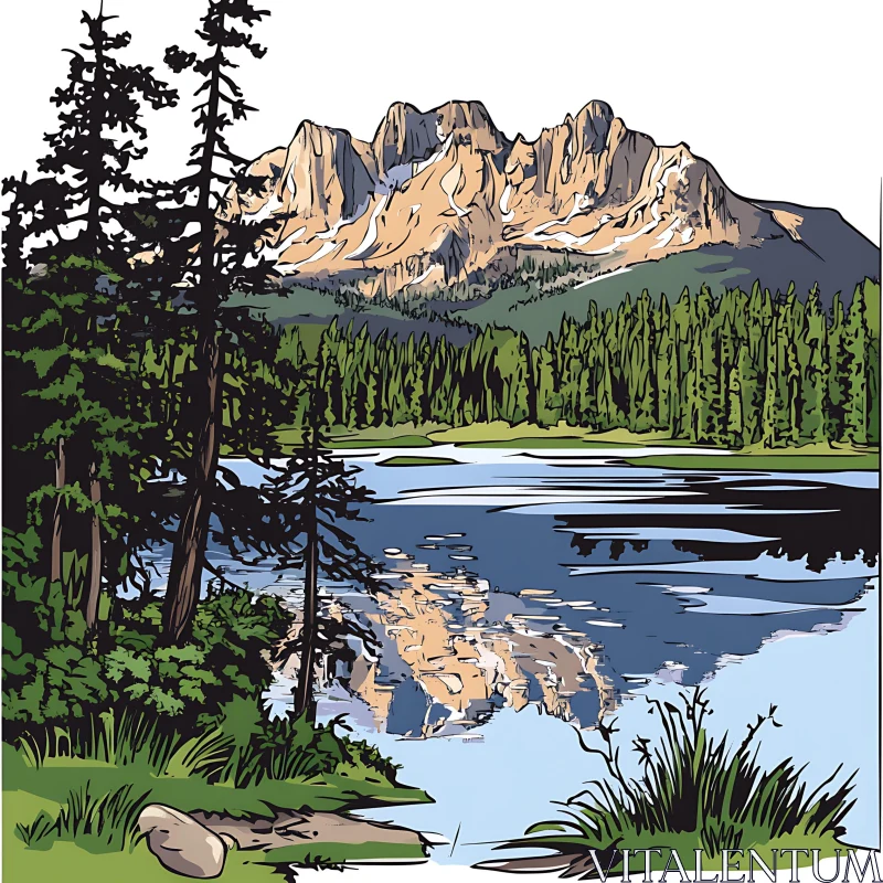 Mountain Range with Lake Reflection and Forest Illustration AI Image