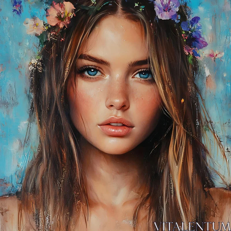 Blue-Eyed Woman with Flower Crown AI Image