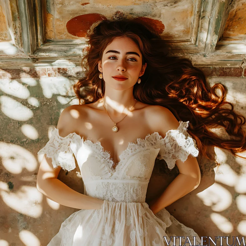 Graceful Portrait of Woman in Vintage Lace Dress AI Image