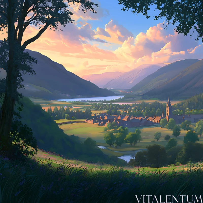 Scenic Village and Nature at Dusk AI Image