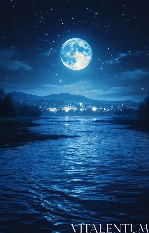 AI ART Serene Nightscape with Moonlit River and Star-speckled Sky