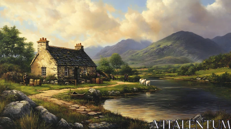 AI ART Tranquil Lakeside Cottage Amidst Mountains