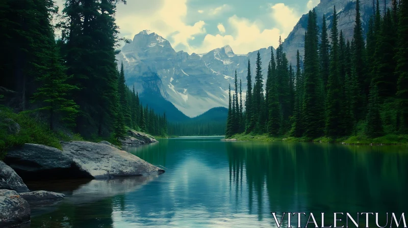 Tranquil Lake with Forest and Mountain Backdrop AI Image