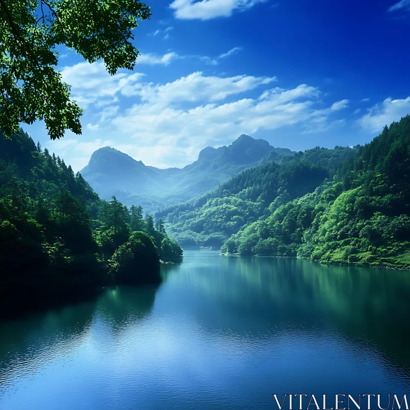 AI ART Tranquil Mountain Lake with Green Surroundings and Blue Sky