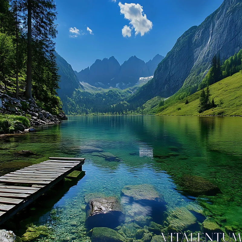 Peaceful Lake with Green Hills and Majestic Mountains AI Image