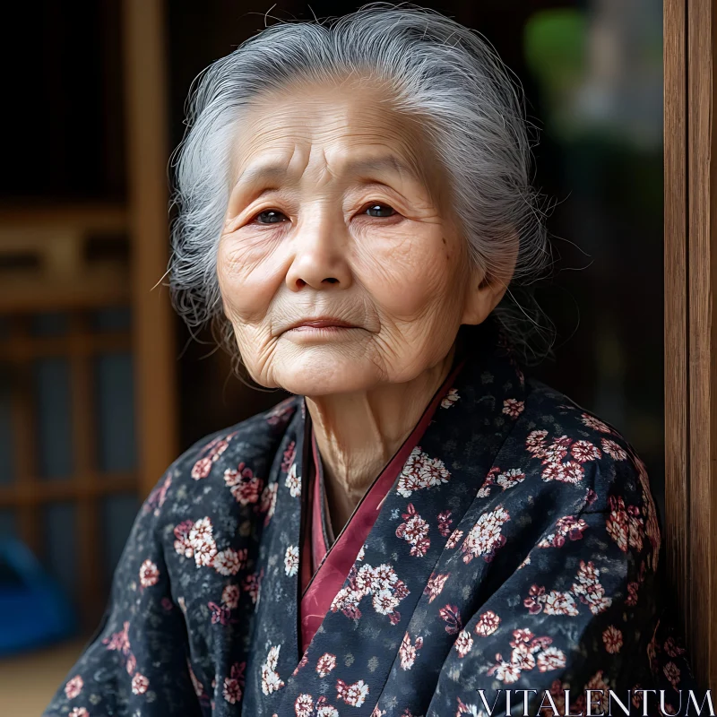 Serene Elderly Woman in Floral Kimono AI Image