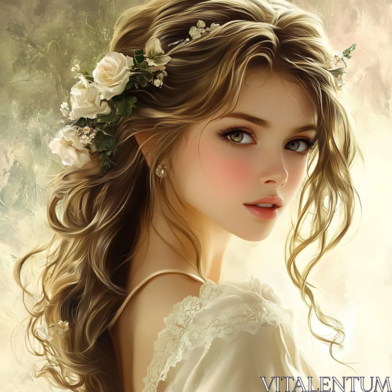 Graceful Woman with Flowers in Blonde Hair AI Image