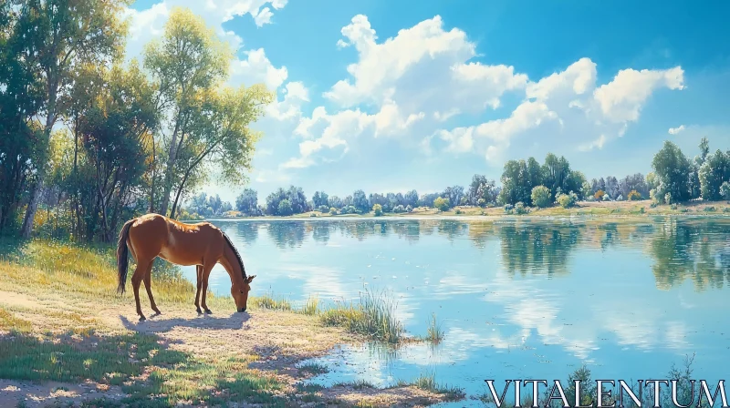 Peaceful Pastoral Scene with Horse by a Lake AI Image