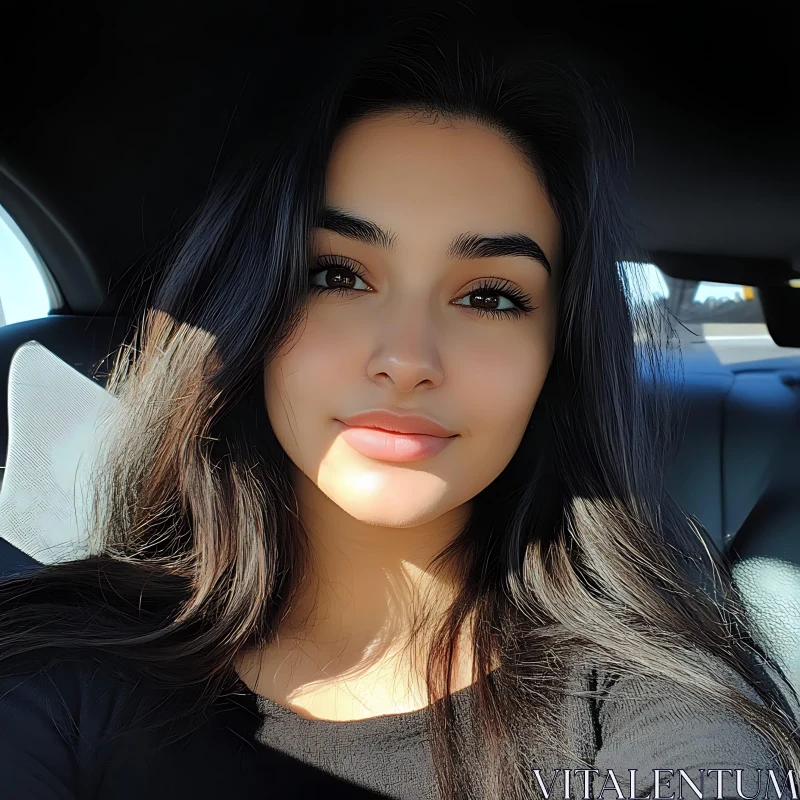 AI ART Young Woman Posing in Natural Sunlight Inside a Car