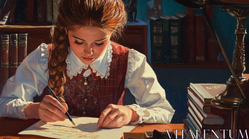 Auburn-Haired Woman Writing at Desk with Books AI Image