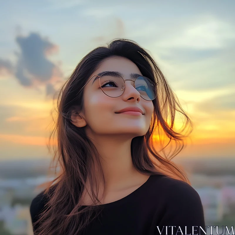 Smiling Woman Gazing at Sunset AI Image