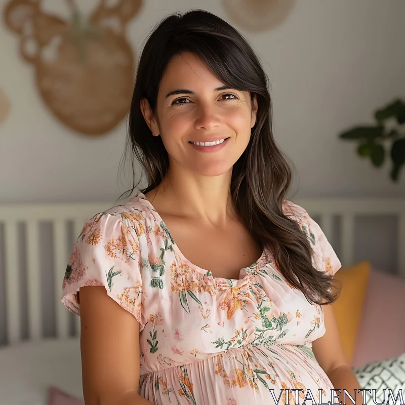 Smiling Pregnant Woman in a Floral Dress AI Image