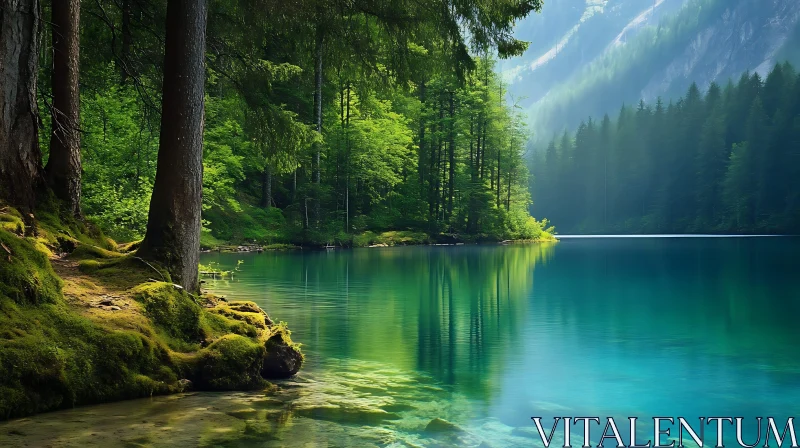 Serene Blue Lake in a Forest with Green Trees AI Image