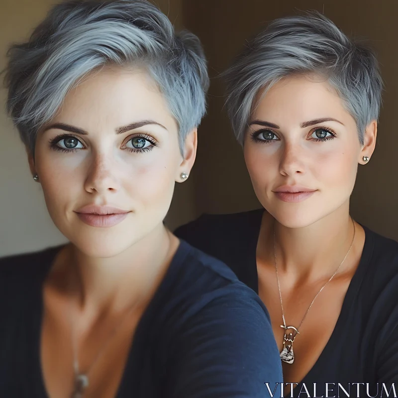 Stylish Short Grey Hair Woman Portrait AI Image