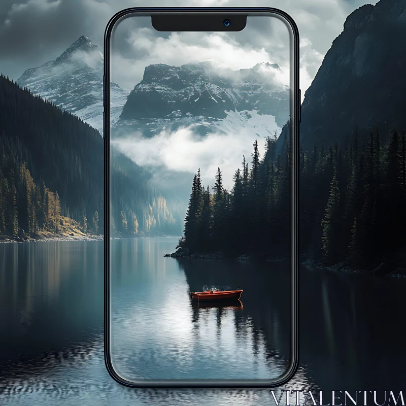 Nature and Technology: A Tranquil Mountain Lake View AI Image