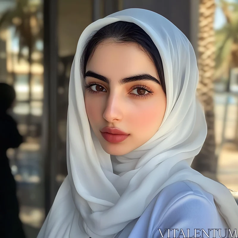 Close-Up Portrait of a Woman in White Headscarf AI Image