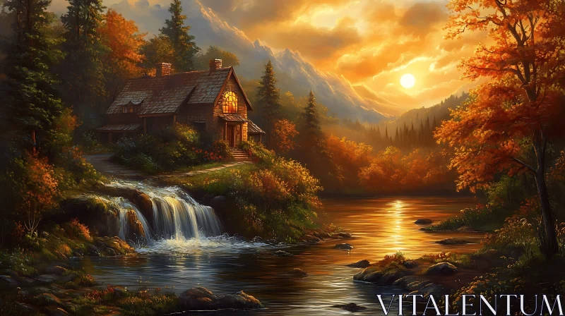 Idyllic Fall Evening at a Riverside Cabin AI Image