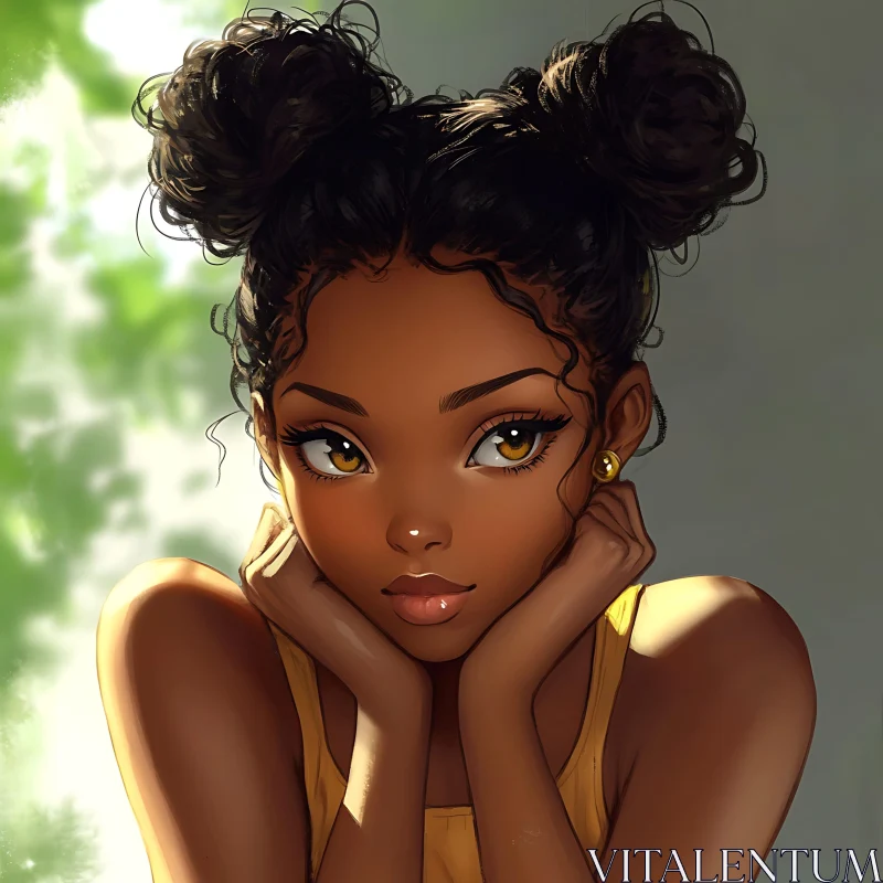 Digital Illustration of a Woman with Hair in Buns AI Image