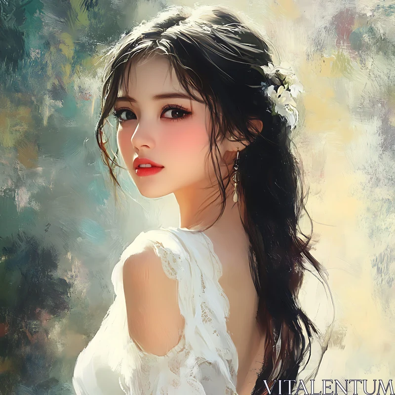 Digital Painting of Woman with Flowers in Hair AI Image