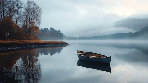 Misty Lake with Floating Boat and Autumn Trees