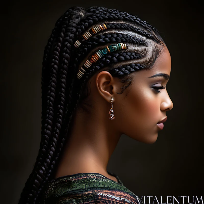 Profile Portrait of Woman with Braided Hair and Beads AI Image