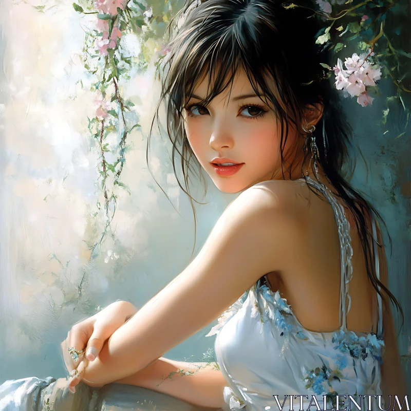 AI ART Graceful Female Portrait in a Floral Setting