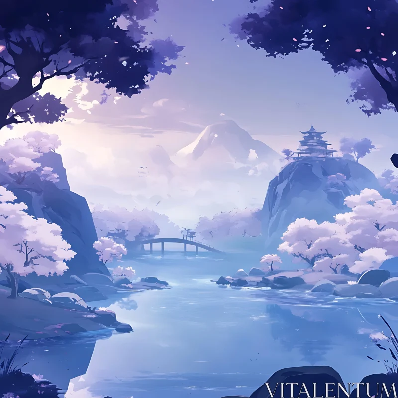 AI ART Peaceful Lake with Blossoming Trees and Mountains