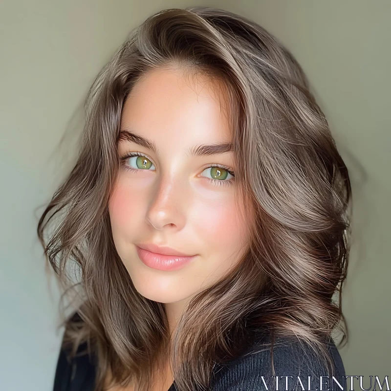 Wavy Brown Hair and Green-Eyed Woman Portrait AI Image