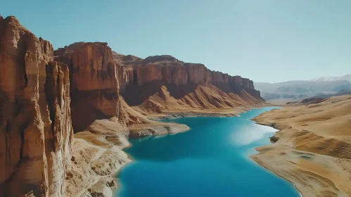 Tranquil Lake with Towering Cliffs and Desert Landscape