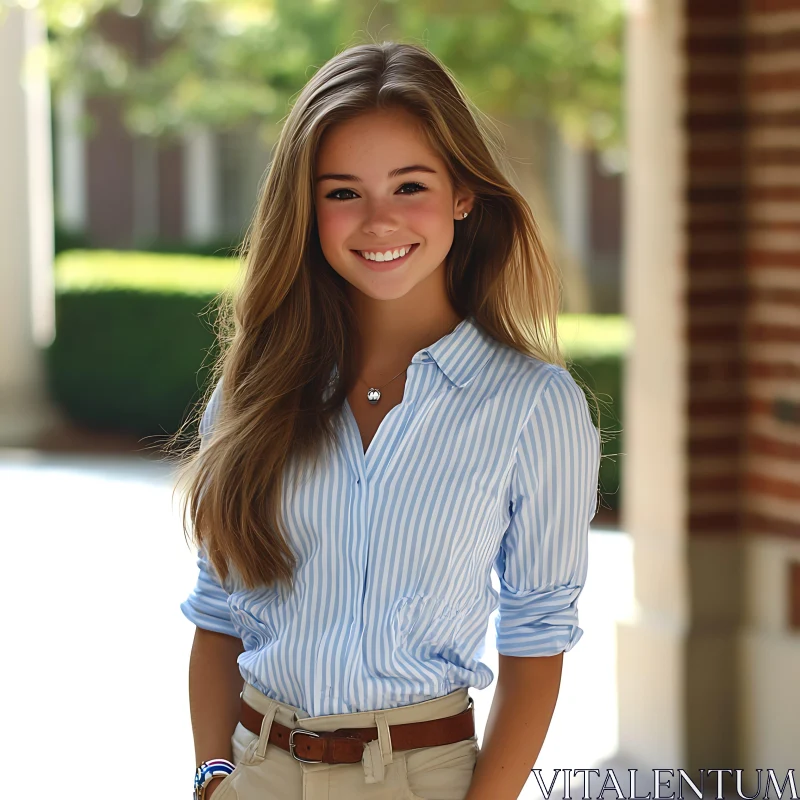 Cheerful Young Woman Portrait in Garden AI Image