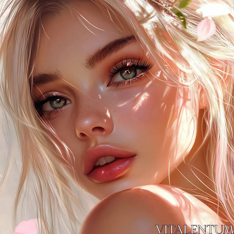 AI ART Close-up of Blonde Woman's Face with Natural Freckles and Green Eyes