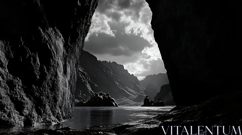 Cave Entrance Overlooking Tranquil Waters and Rugged Mountains AI Image