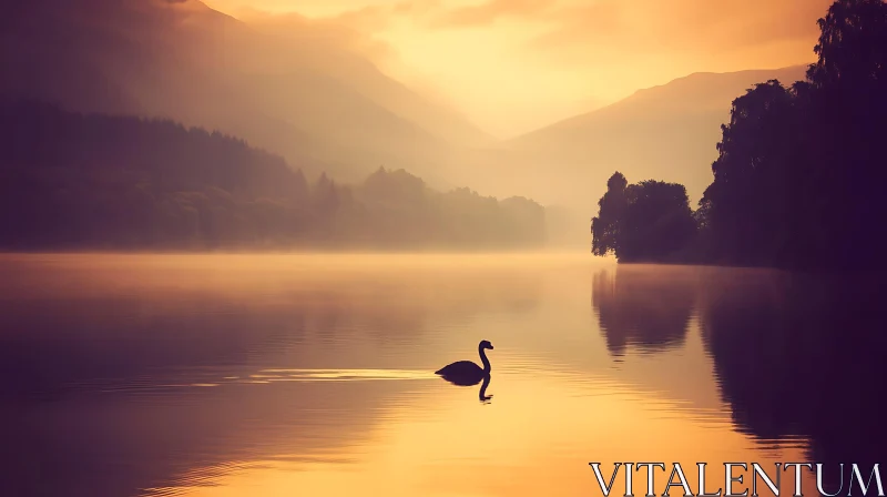 Golden Hour at Misty Lake with Gliding Swan AI Image