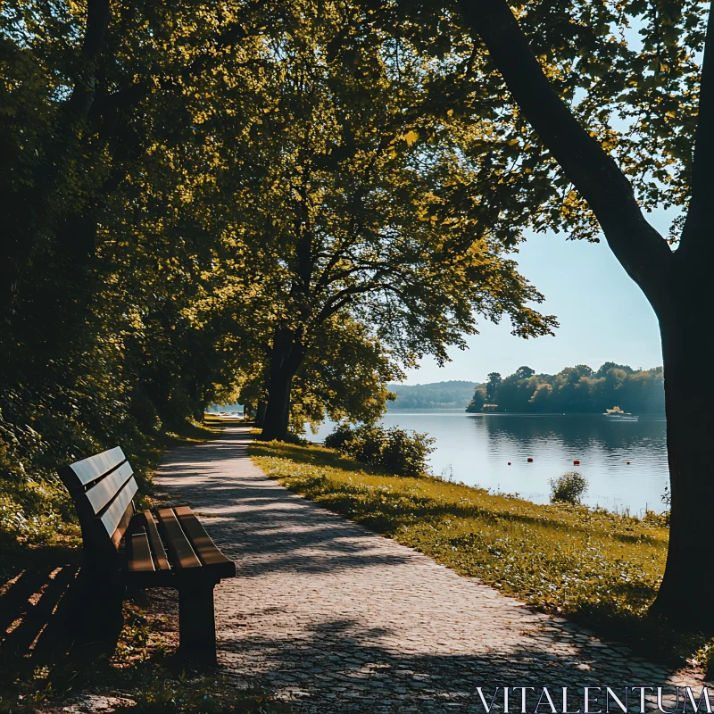 Peaceful Pathway Alongside a Serene Lake AI Image