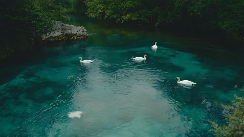 Peaceful Swans on a Turquoise Lake