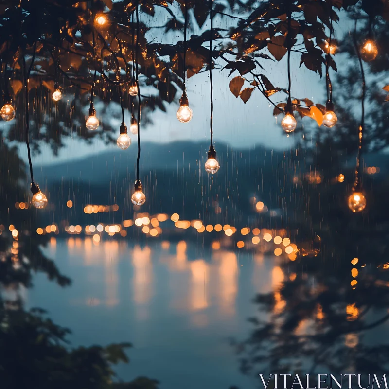 Tranquil Rainy Evening with Hanging Lights AI Image