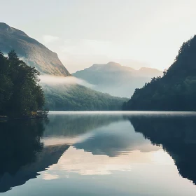 Tranquil Misty Lake and Mountains