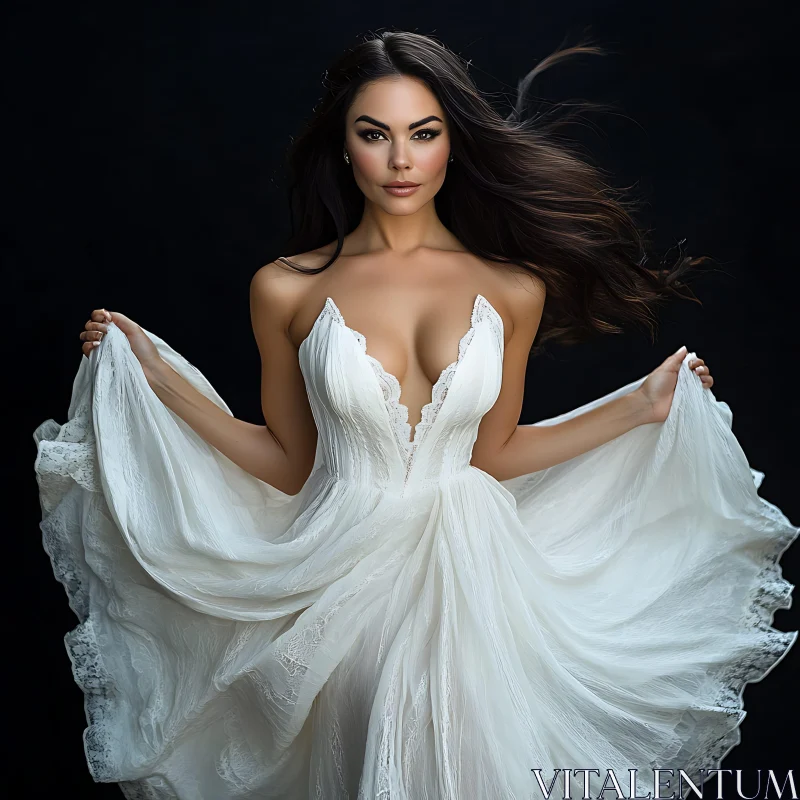 Graceful Woman in White Dress Studio Shot AI Image