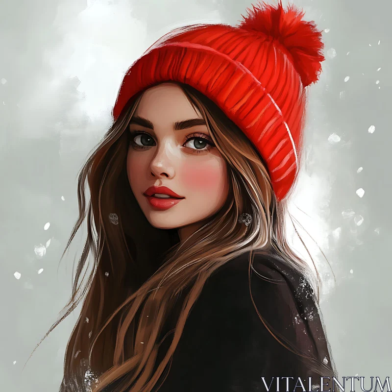 Young Woman with Red Knit Hat Digital Portrait AI Image