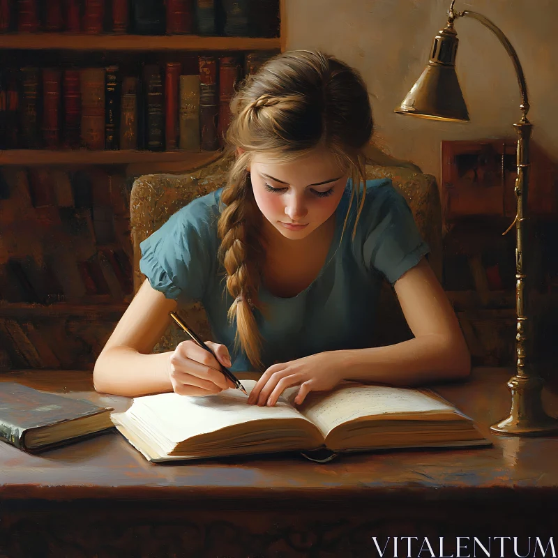 Girl Studying Under a Lamp in a Library AI Image