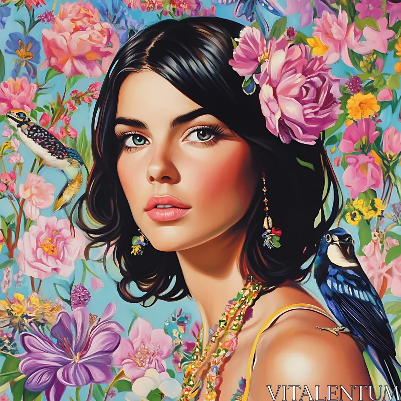 Colorful Floral Portrait of Woman with Birds AI Image