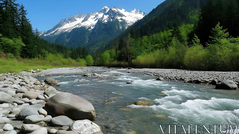 Tranquil River and Majestic Snow-Capped Peaks AI Image