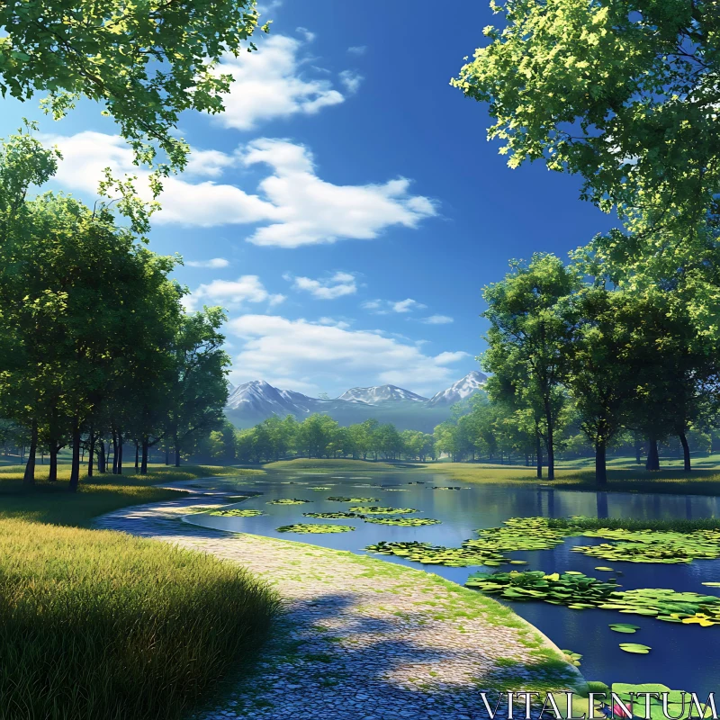 Serene Lakeside Landscape with Lily Pads AI Image