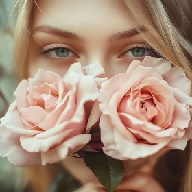 Blue-Eyed Woman and Pink Roses Close-Up